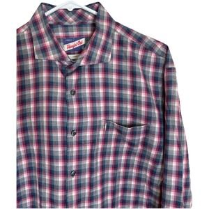 Johnnie-O Men L Pink Blue Gray Plaid Button Down‎ Long Sleeve Logo Flannel NWOT